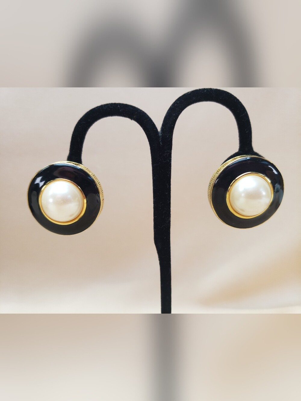 Givenchy Logo Pearl Cabochon Black Enamel Disc Clip-on Earrings